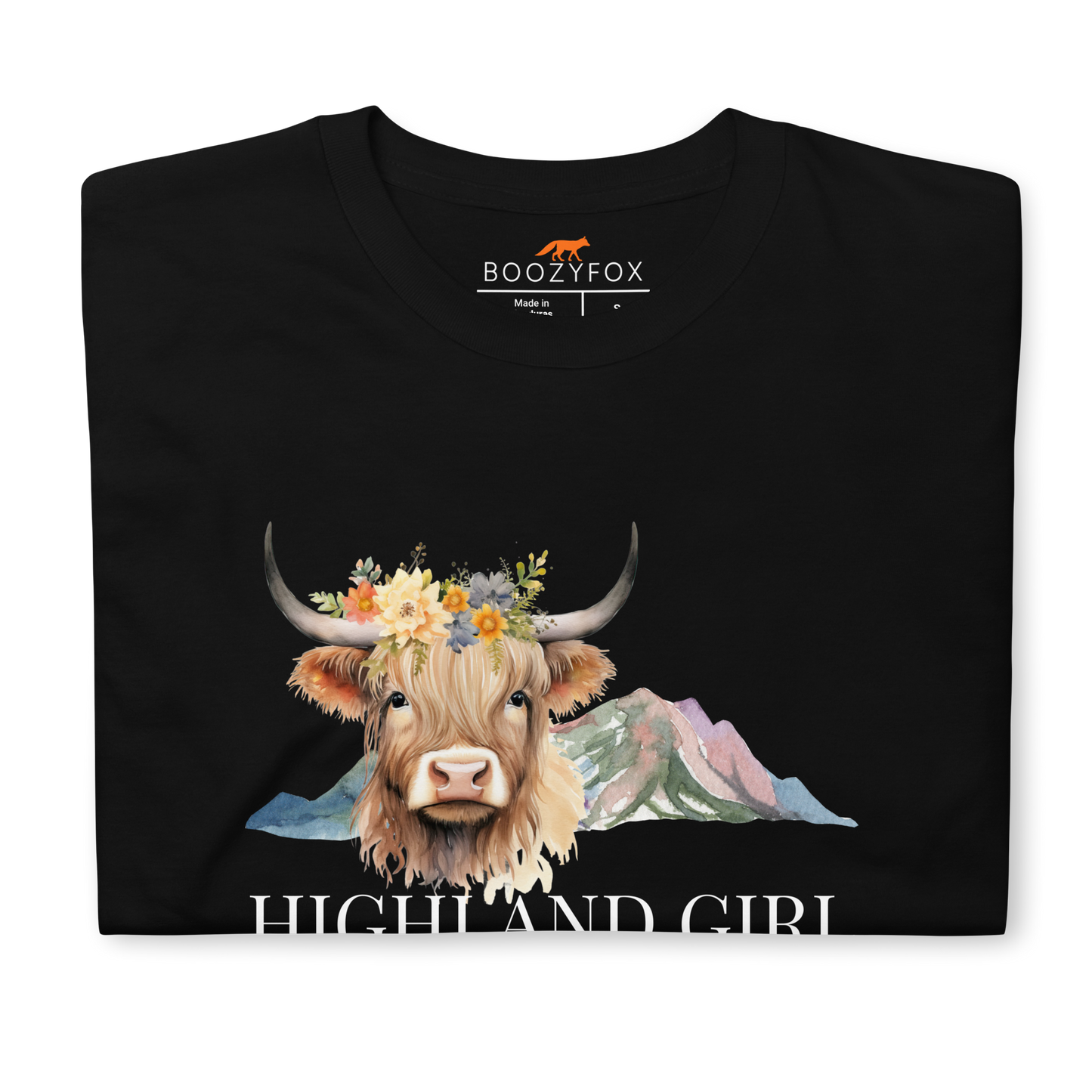 Front details of a Black Highland Cow T-Shirt featuring an adorable Highland Girl graphic on the chest - Cute Graphic Highland Cow T-Shirts - Boozy Fox