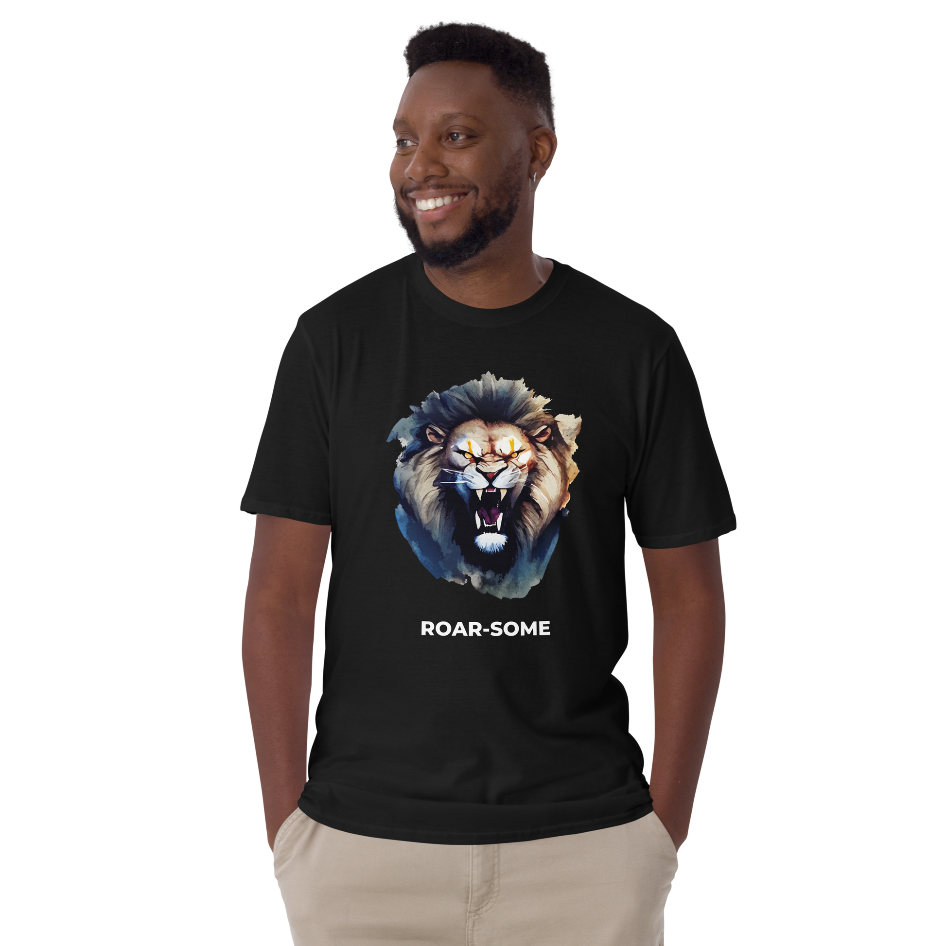 Smiling man wearing a Black Lion T-Shirt featuring a Roar-Some graphic on the chest - Cool Graphic Lion T-Shirts - Boozy Fox