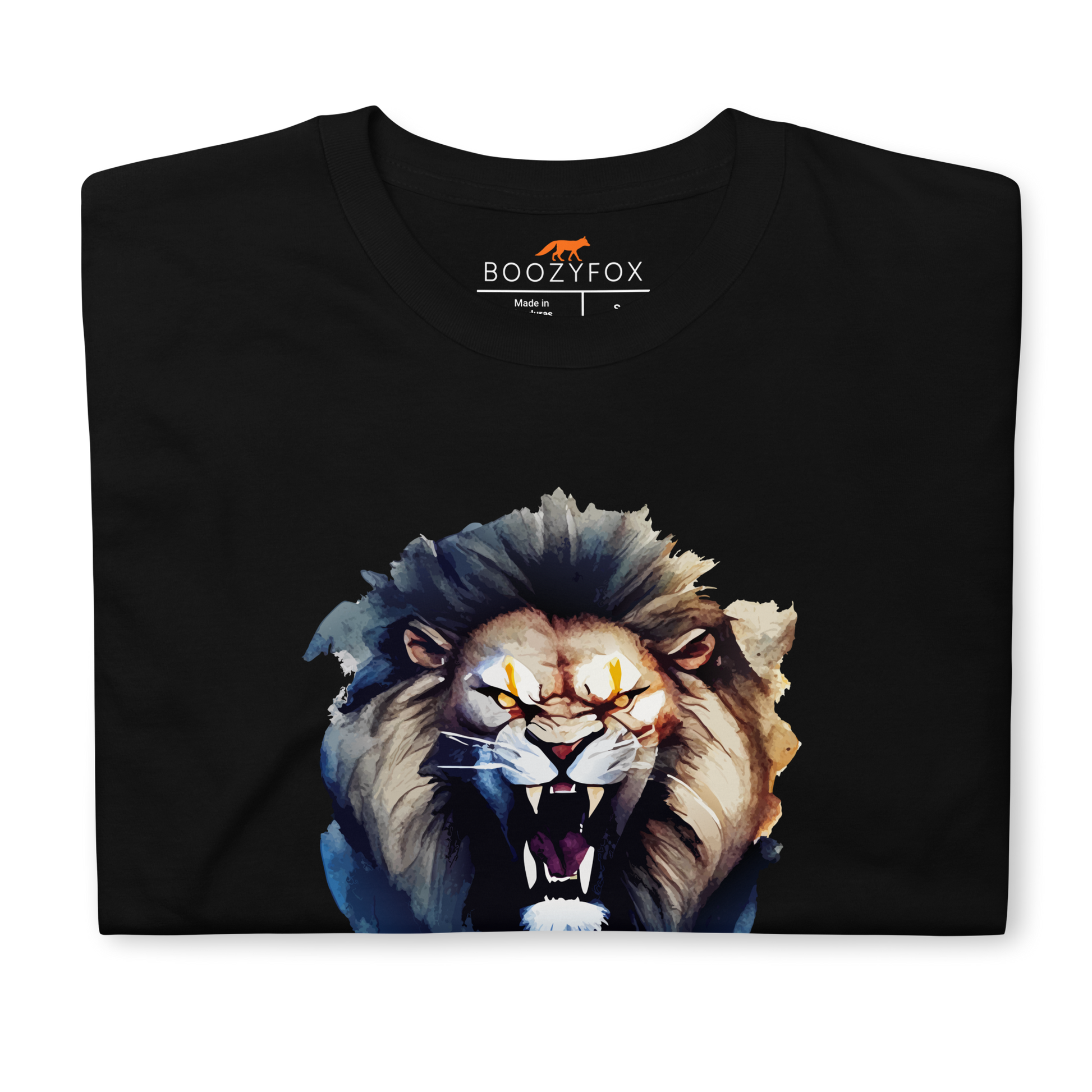 Front details of a Black Lion T-Shirt featuring a Roar-Some graphic on the chest - Cool Graphic Lion T-Shirts - Boozy Fox