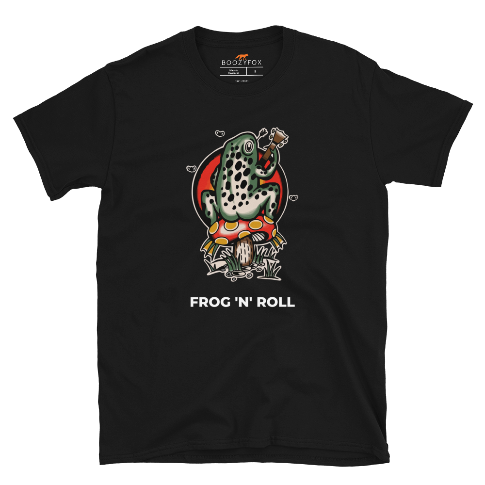 Black Frog T-Shirt featuring the awesome 'Frog 'n' Roll' graphic on the chest - Funny Graphic Frog T-Shirts - Boozy Fox