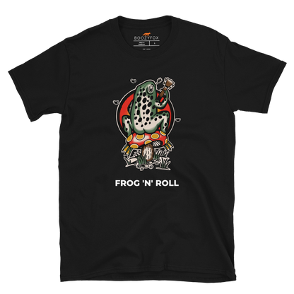 Black Frog T-Shirt featuring the awesome 'Frog 'n' Roll' graphic on the chest - Funny Graphic Frog T-Shirts - Boozy Fox
