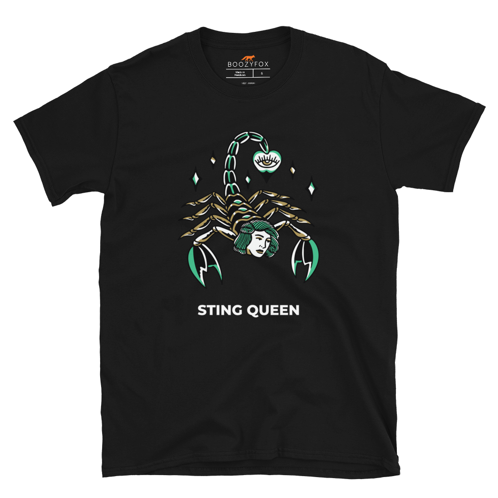 Black Scorpion T-Shirt featuring the Sting Queen graphic on the chest - Cool Graphic Scorpion T-Shirts - Boozy Fox