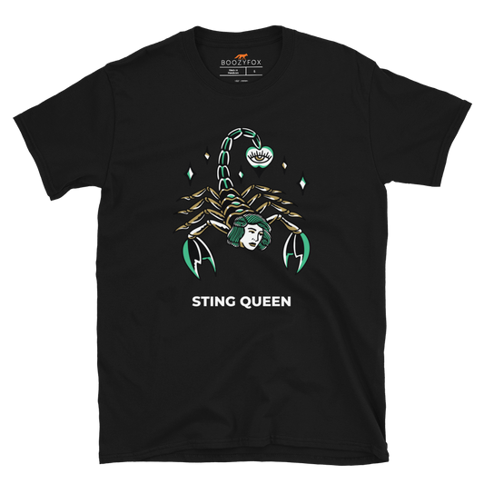 Black Scorpion T-Shirt featuring the Sting Queen graphic on the chest - Cool Graphic Scorpion T-Shirts - Boozy Fox