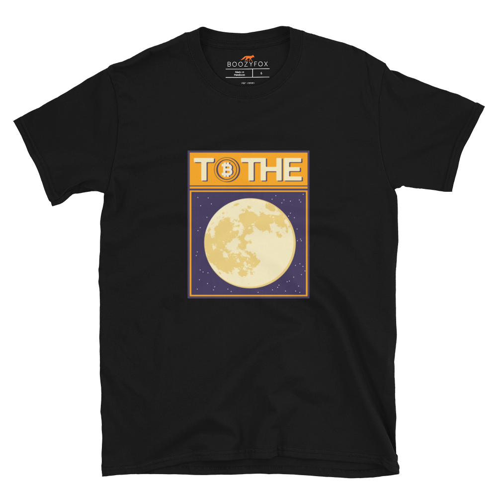 Black Bitcoin T-Shirt featuring a funny To The Moon graphic on the chest - Cool Graphic Bitcoin T-Shirts - Boozy Fox
