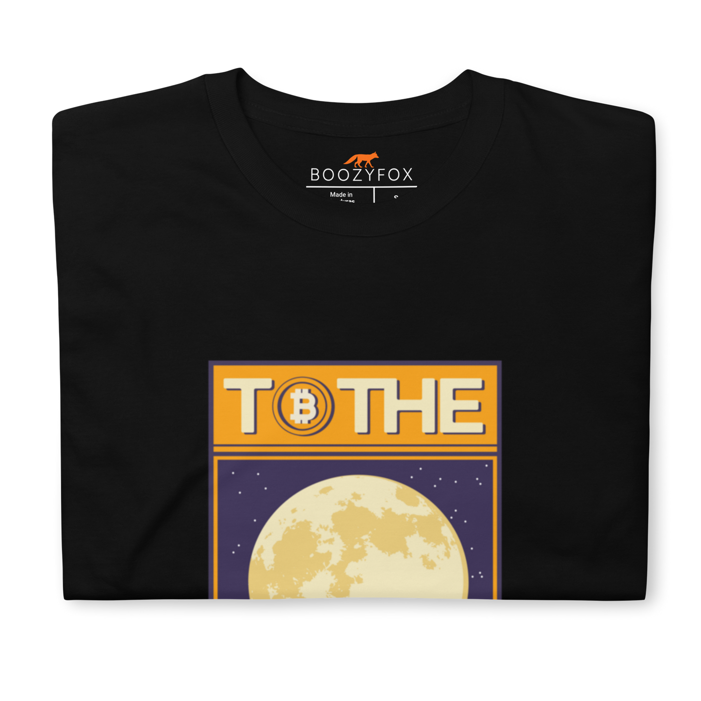 Front details of a Black Bitcoin T-Shirt featuring a funny To The Moon graphic on the chest - Cool Graphic Bitcoin T-Shirts - Boozy Fox