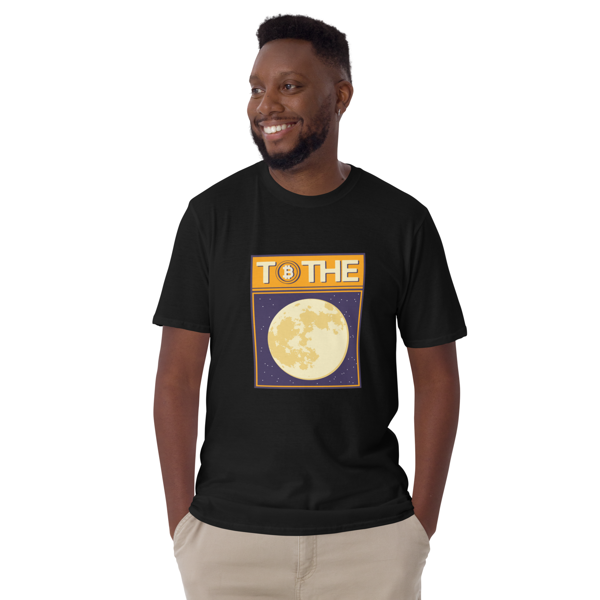 Smiling man wearing a Black Bitcoin T-Shirt featuring a funny To The Moon graphic on the chest - Cool Graphic Bitcoin T-Shirts - Boozy Fox