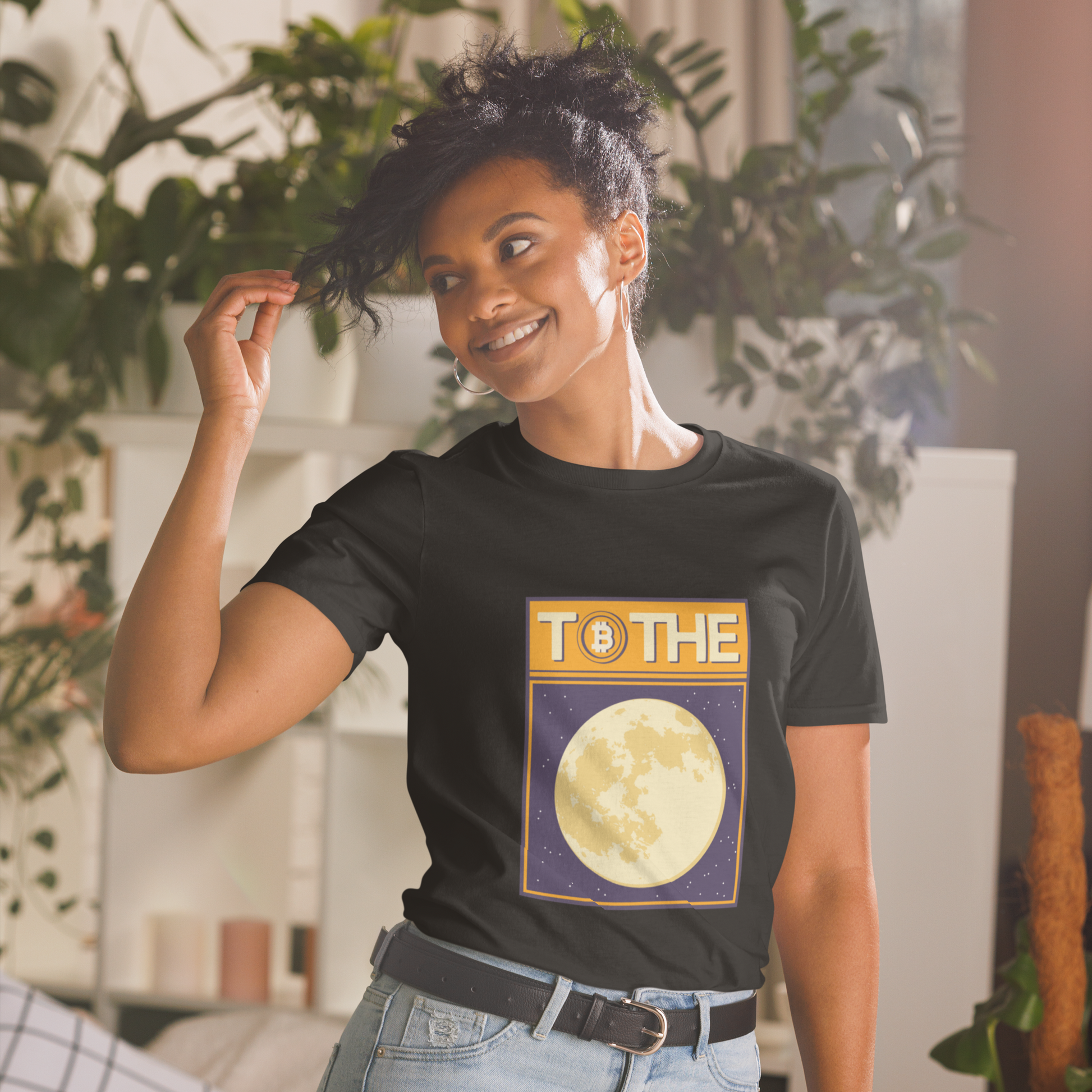 Smiling woman wearing a Black Bitcoin T-Shirt featuring a funny To The Moon graphic on the chest - Cool Graphic Bitcoin T-Shirts - Boozy Fox