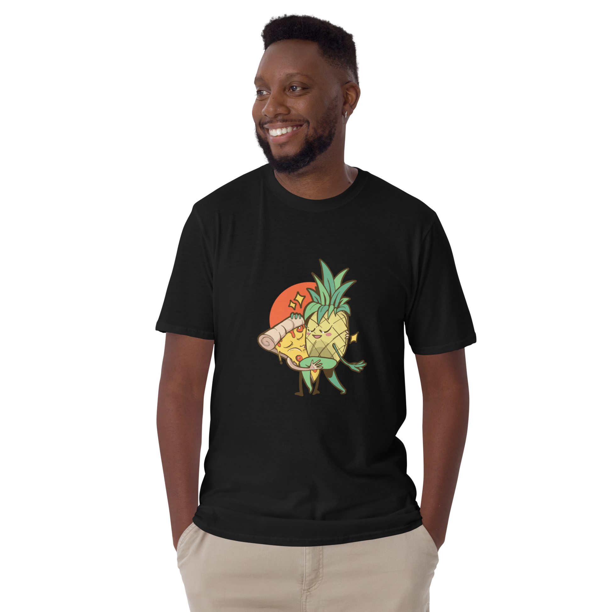 Smiling man wearing a Black Pineapple Pizza T-Shirt featuring the hilarious Pineapple & Pizza graphic on the chest - Funny Graphic Pineapple Pizza T-Shirts - Boozy Fox