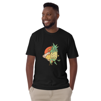 Smiling man wearing a Black Pineapple Pizza T-Shirt featuring the hilarious Pineapple & Pizza graphic on the chest - Funny Graphic Pineapple Pizza T-Shirts - Boozy Fox
