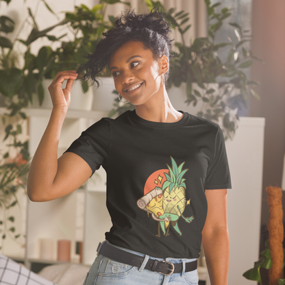 Smiling woman wearing a Black Pineapple Pizza T-Shirt featuring the hilarious Pineapple & Pizza graphic on the chest - Funny Graphic Pineapple Pizza T-Shirts - Boozy Fox