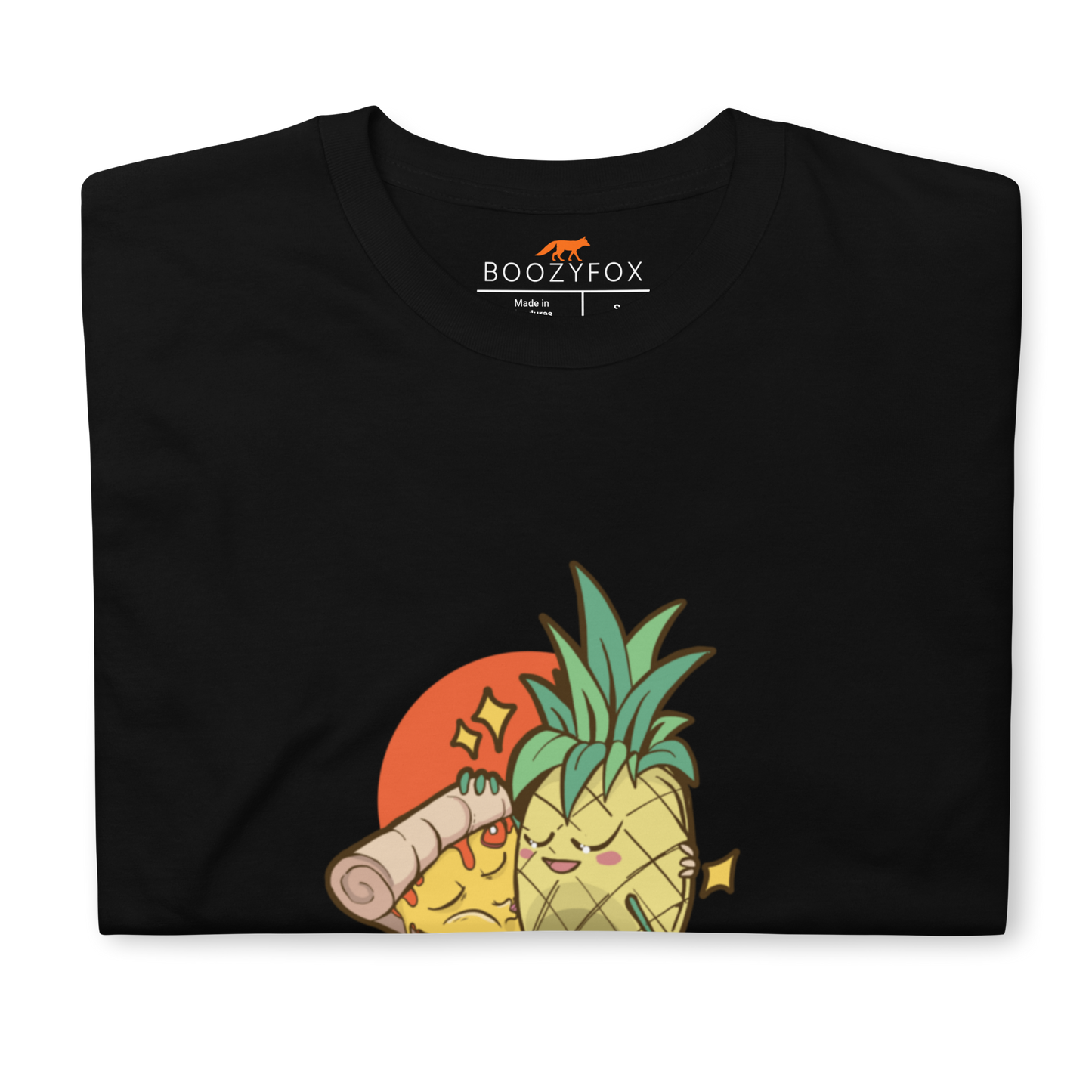 Front details of a Black Pineapple Pizza T-Shirt featuring the hilarious Pineapple & Pizza graphic on the chest - Funny Graphic Pineapple Pizza T-Shirts - Boozy Fox