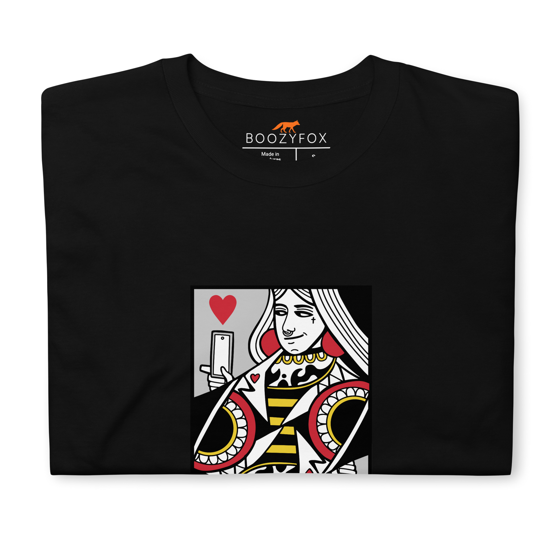 Front details of a Black Queen of Hearts Playing Card T-Shirt featuring a cool Queen of Hearts graphic on the chest - Cool Graphic Queen of Hearts Playing Card T-Shirts - Boozy Fox