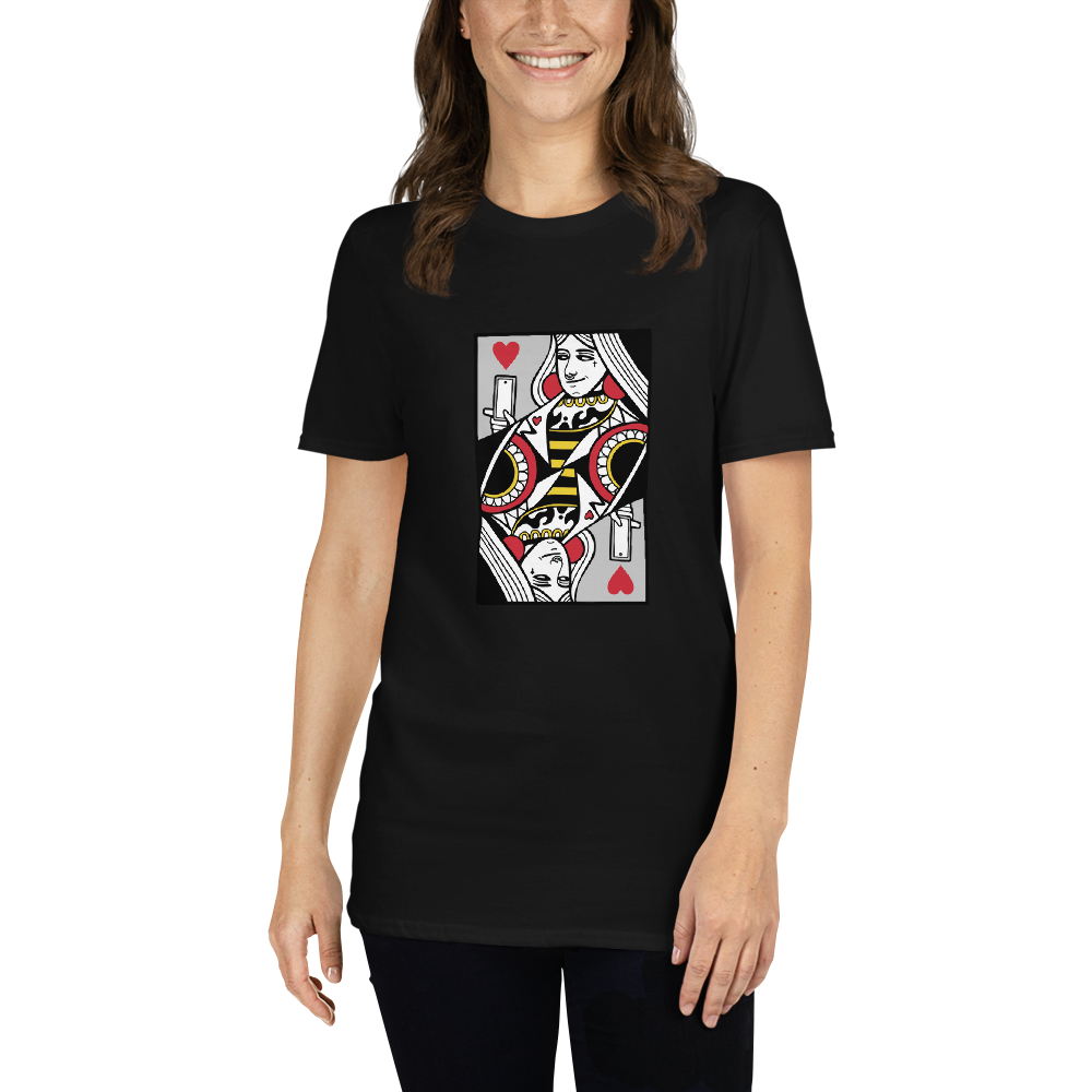 Smiling woman wearing a Black Queen of Hearts Playing Card T-Shirt featuring a cool Queen of Hearts graphic on the chest - Cool Graphic Queen of Hearts Playing Card T-Shirts - Boozy Fox