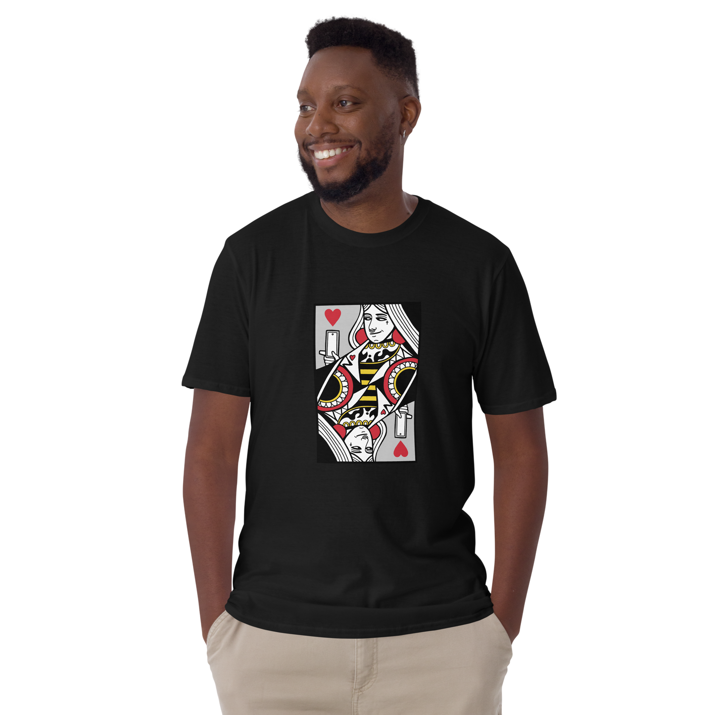 Smiling man wearing a Black Queen of Hearts Playing Card T-Shirt featuring a cool Queen of Hearts graphic on the chest - Cool Graphic Queen of Hearts Playing Card T-Shirts - Boozy Fox