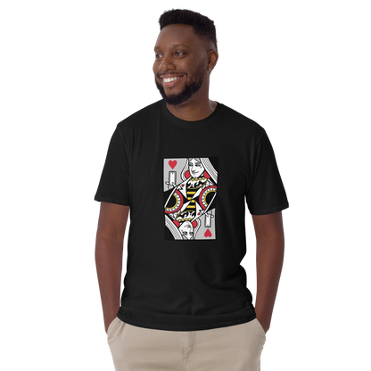 Smiling man wearing a Black Queen of Hearts Playing Card T-Shirt featuring a cool Queen of Hearts graphic on the chest - Cool Graphic Queen of Hearts Playing Card T-Shirts - Boozy Fox