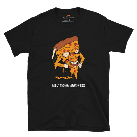 Black Melting Pizza T-Shirt featuring the hilarious Meltdown Madness graphic on the chest - Funny Graphic Pizza T-Shirts - Boozy Fox
