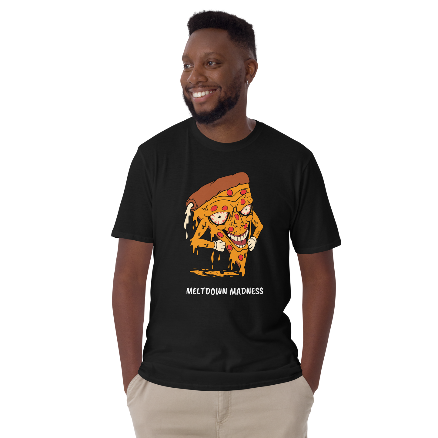 Smiling man wearing a Black Melting Pizza T-Shirt featuring the hilarious Meltdown Madness graphic on the chest - Funny Graphic Pizza T-Shirts - Boozy Fox