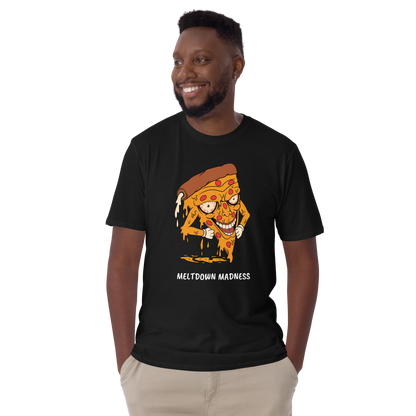 Smiling man wearing a Black Melting Pizza T-Shirt featuring the hilarious Meltdown Madness graphic on the chest - Funny Graphic Pizza T-Shirts - Boozy Fox