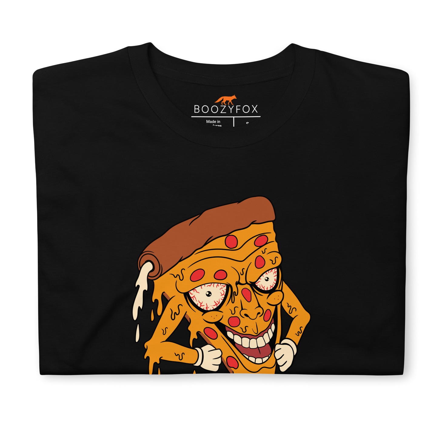 Front details of a Black Melting Pizza T-Shirt featuring the hilarious Meltdown Madness graphic on the chest - Funny Graphic Pizza T-Shirts - Boozy Fox