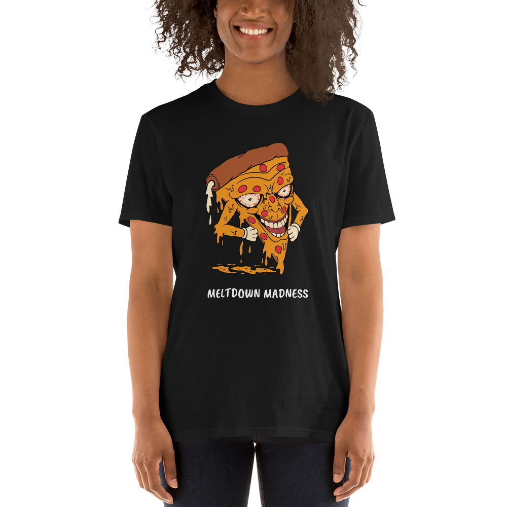 Smiling woman wearing a Black Melting Pizza T-Shirt featuring the hilarious Meltdown Madness graphic on the chest - Funny Graphic Pizza T-Shirts - Boozy Fox