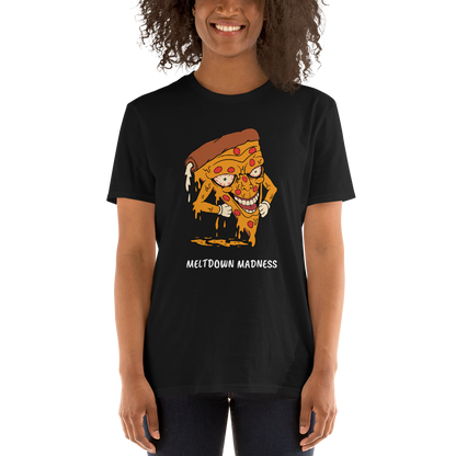 Smiling woman wearing a Black Melting Pizza T-Shirt featuring the hilarious Meltdown Madness graphic on the chest - Funny Graphic Pizza T-Shirts - Boozy Fox
