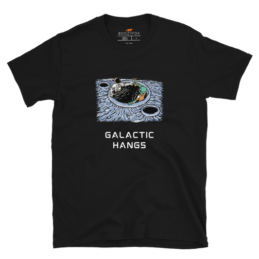 Black Galactic Hangs T-Shirt featuring an out-of-this-world graphic of an Astronaut and Alien Chilling Together - Funny Graphic Space T-Shirts - Boozy Fox
