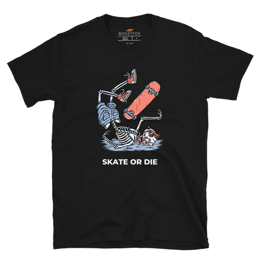 Black Skate or Die T-Shirt featuring a daring Skeleton Falling While Skateboarding graphic on the chest - Cool Graphic Skeleton T-Shirts - Boozy Fox