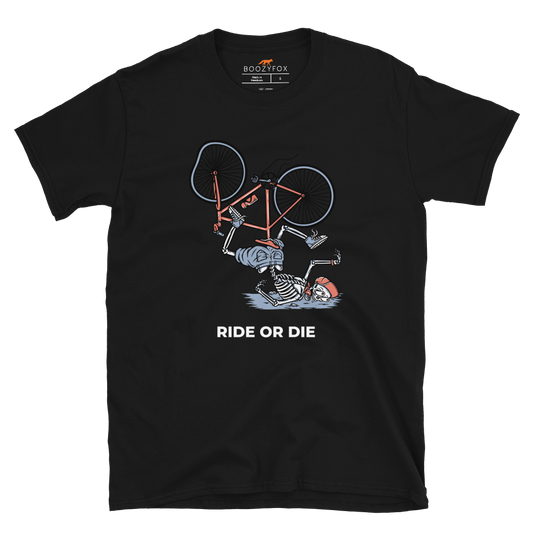 Black Ride or Die T-Shirt featuring a bold Skeleton Falling While Riding a Bicycle graphic on the chest - Funny Graphic Skeleton T-Shirts - Boozy Fox