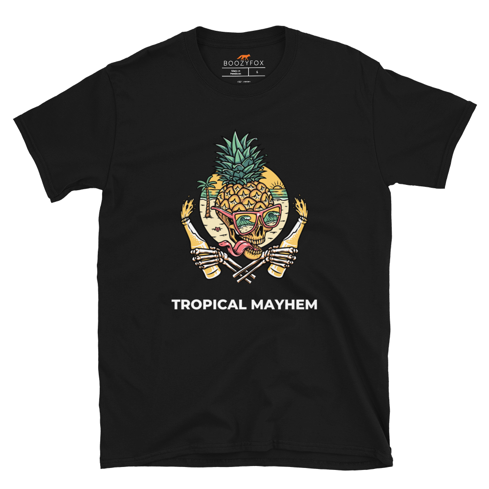 Black Tropical Mayhem T-Shirt featuring a Crazy Pineapple Skull graphic on the chest - Funny Graphic Pineapple T-Shirts - Boozy Fox