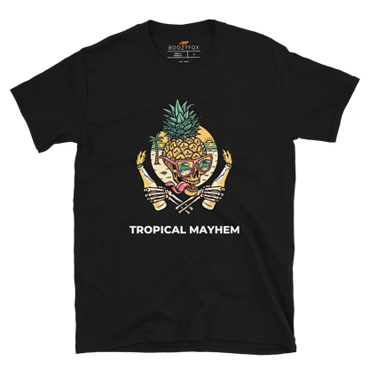 Black Tropical Mayhem T-Shirt featuring a Crazy Pineapple Skull graphic on the chest - Funny Graphic Pineapple T-Shirts - Boozy Fox