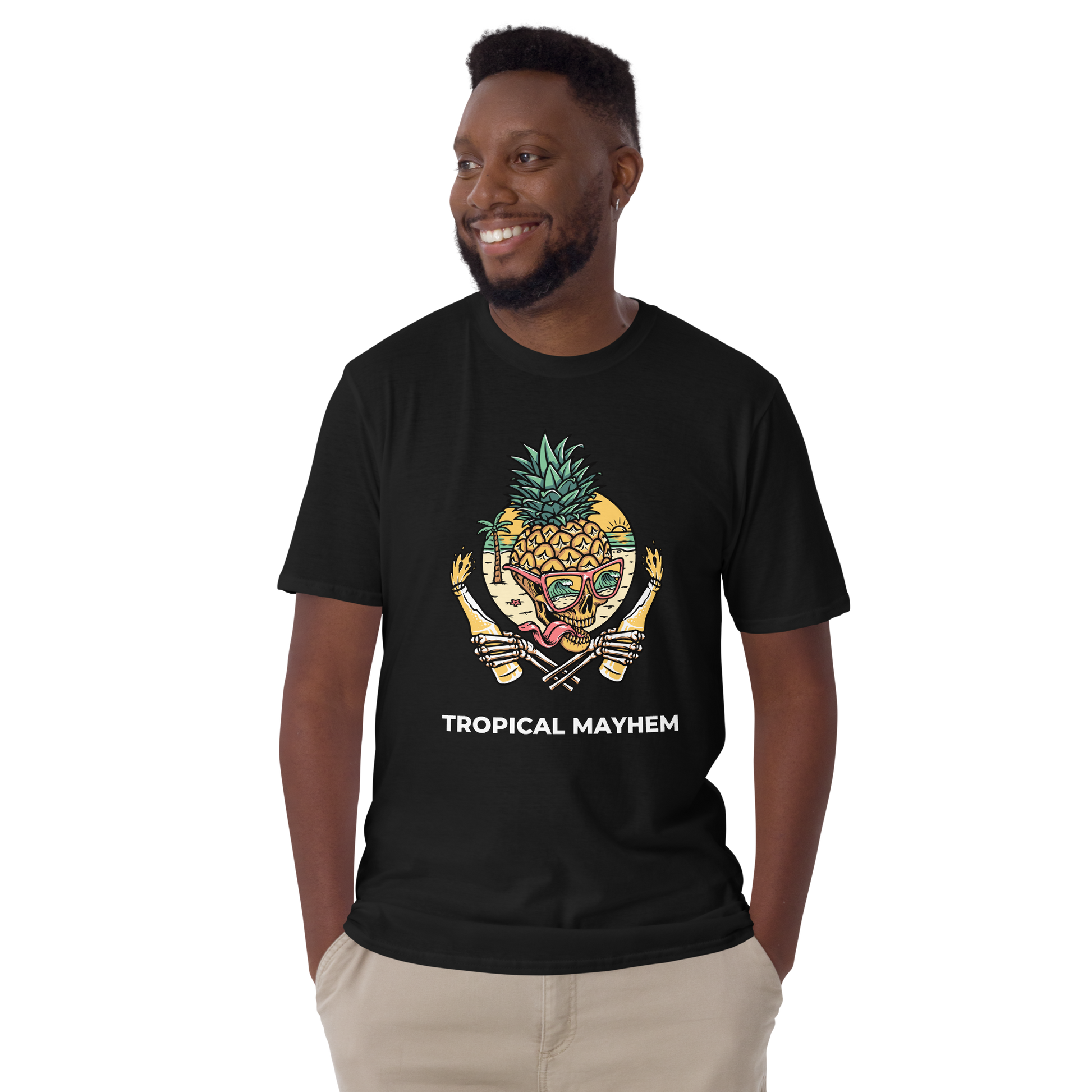 Smiling man wearing a Black Tropical Mayhem T-Shirt featuring a Crazy Pineapple Skull graphic on the chest - Funny Graphic Pineapple T-Shirts - Boozy Fox