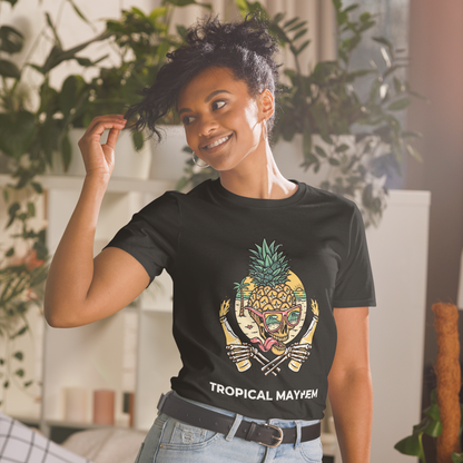 Smiling woman wearing a Black Tropical Mayhem T-Shirt featuring a Crazy Pineapple Skull graphic on the chest - Funny Graphic Pineapple T-Shirts - Boozy Fox
