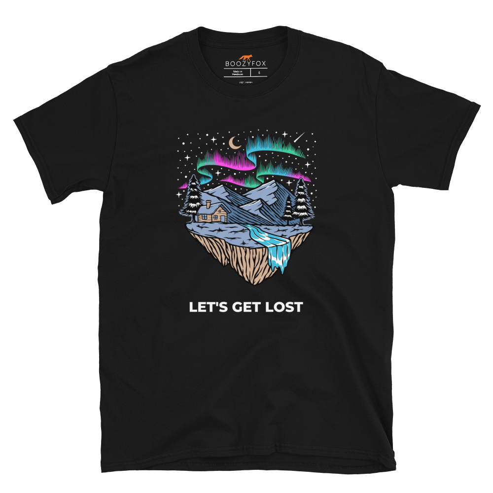 Black Let's Get Lost T-Shirt featuring a mesmerizing night sky, adorned with stars and aurora borealis graphic on the chest - Cool Graphic Northern Lights T-Shirts - Boozy Fox