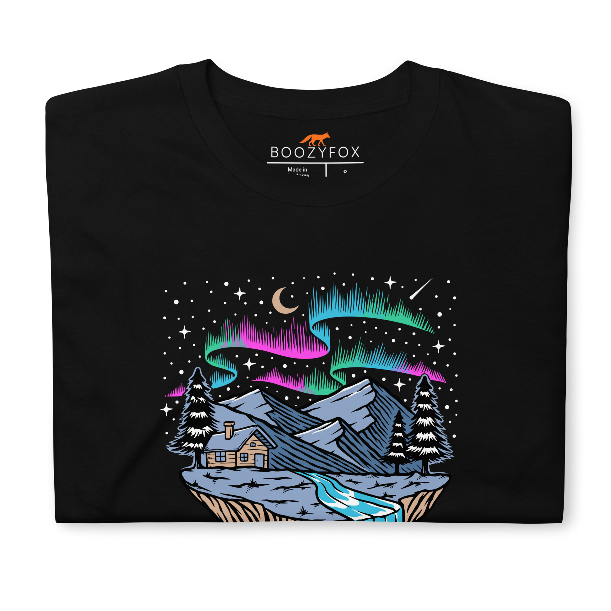 Front details of a Black Let's Get Lost T-Shirt featuring a mesmerizing night sky, adorned with stars and aurora borealis graphic on the chest - Cool Graphic Northern Lights T-Shirts - Boozy Fox