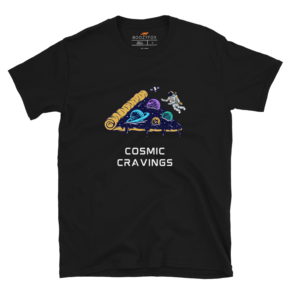 Black Cosmic Cravings T-Shirt featuring an Astronaut Exploring a Pizza Universe graphic on the chest - Funny Graphic Space T-Shirts - Boozy Fox