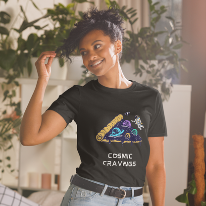 Smiling woman wearing a Black Cosmic Cravings T-Shirt featuring an Astronaut Exploring a Pizza Universe graphic on the chest - Funny Graphic Space T-Shirts - Boozy Fox