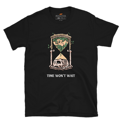 Black Hourglass T-Shirt featuring a captivating Time Won't Wait graphic on the chest - Cool Graphic Hourglass T-Shirts - Boozy Fox