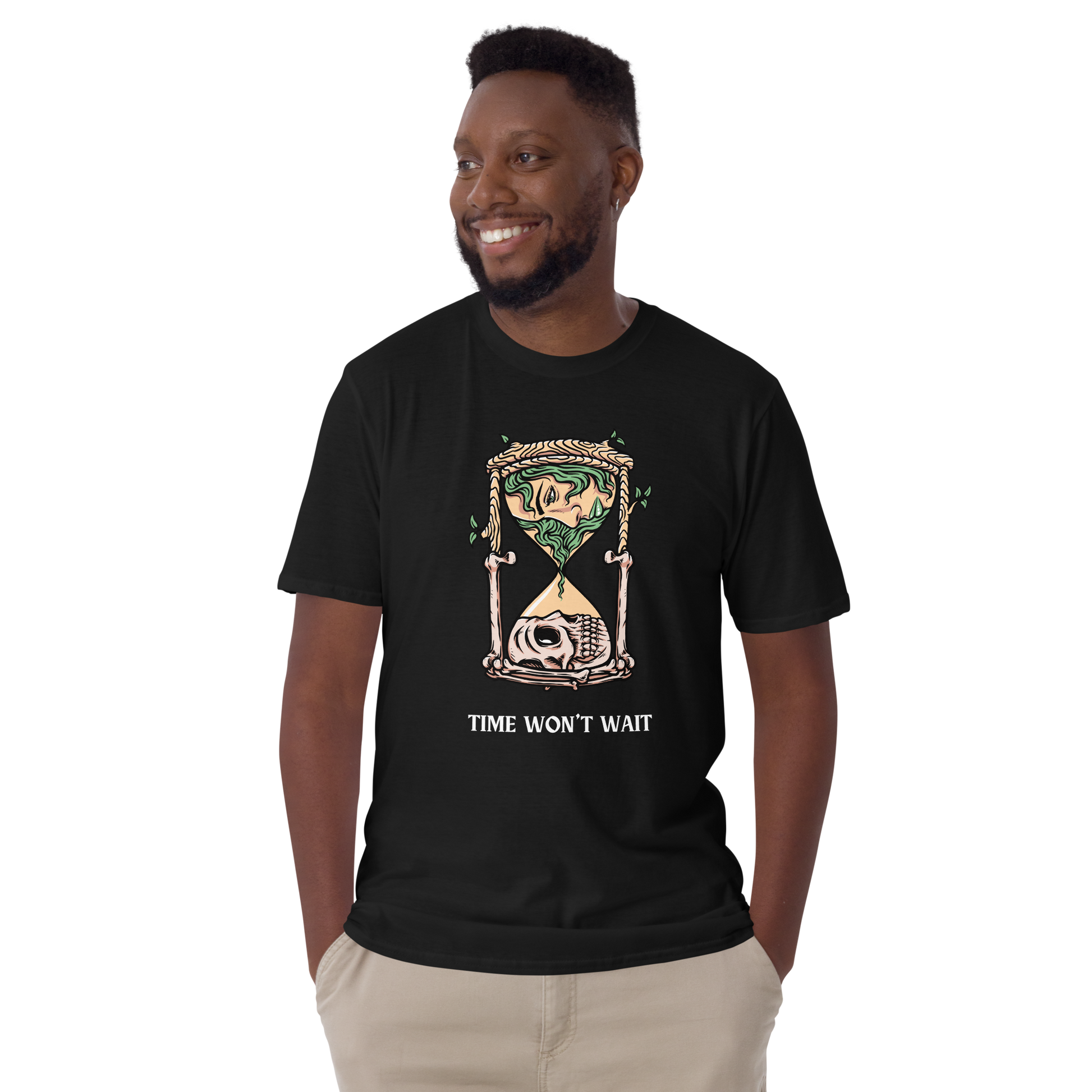 Smiling man wearing a Black Hourglass T-Shirt featuring a captivating Time Won't Wait graphic on the chest - Cool Graphic Hourglass T-Shirts - Boozy Fox