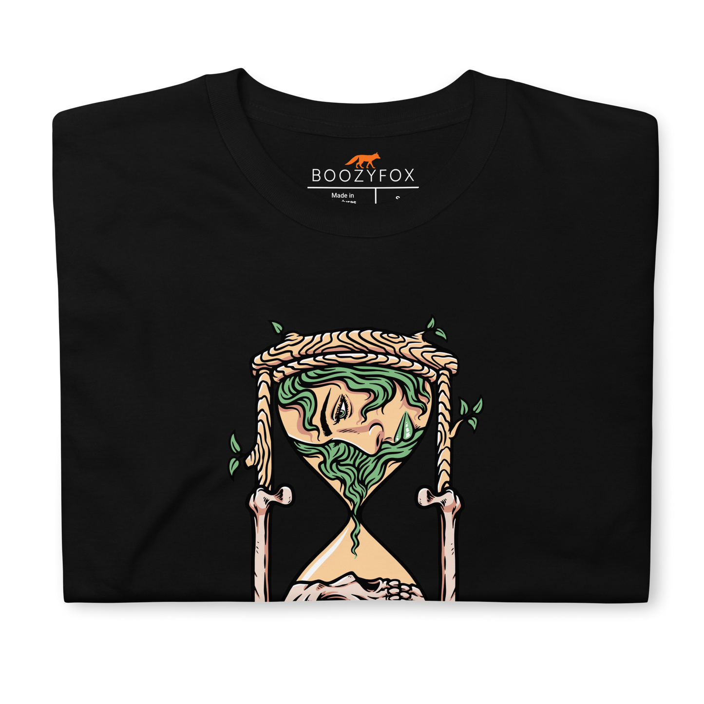 Front details of a Black Hourglass T-Shirt featuring a captivating Time Won't Wait graphic on the chest - Cool Graphic Hourglass T-Shirts - Boozy Fox