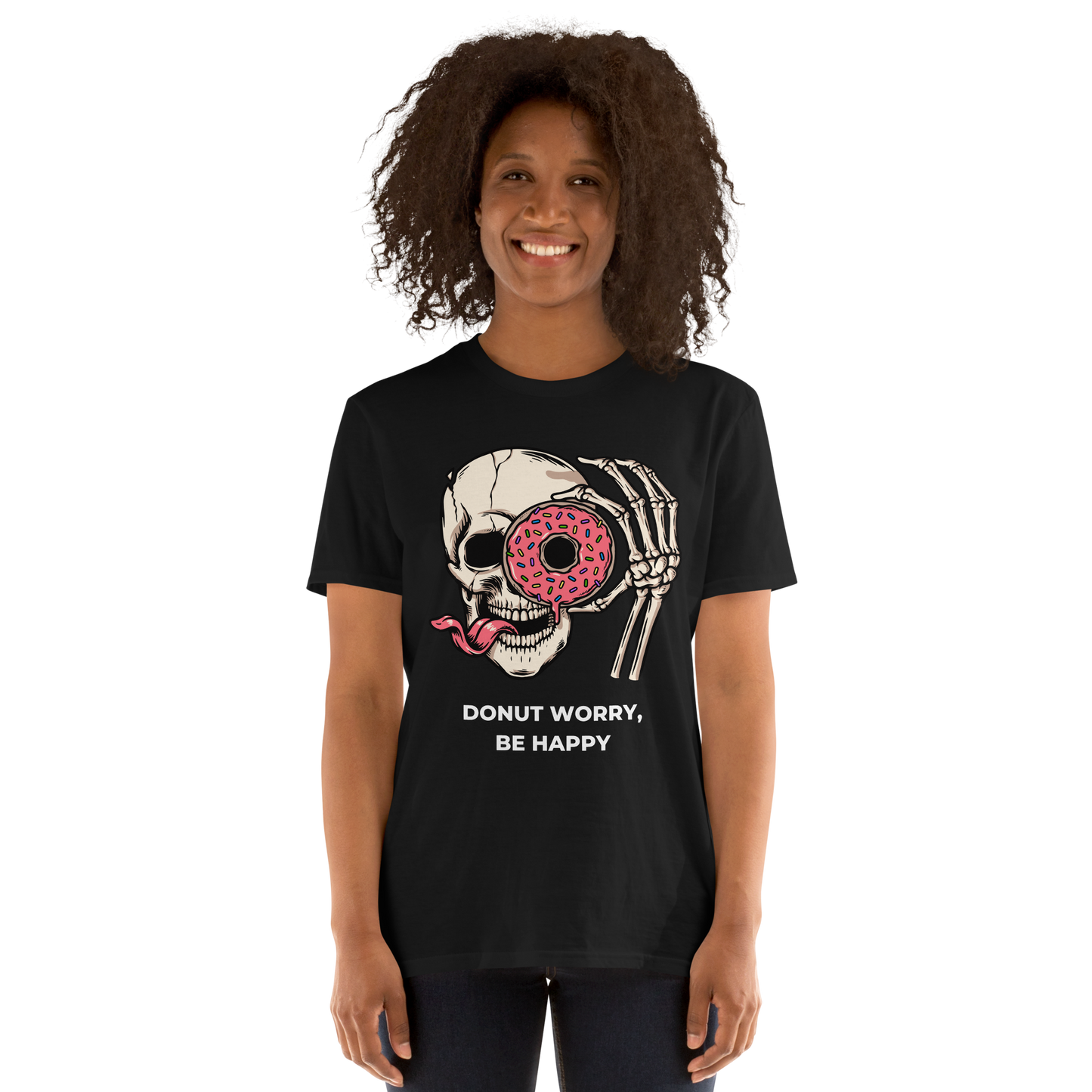 Smiling woman wearing a Black Donut Worry Be Happy T-Shirt - Boozy Fox