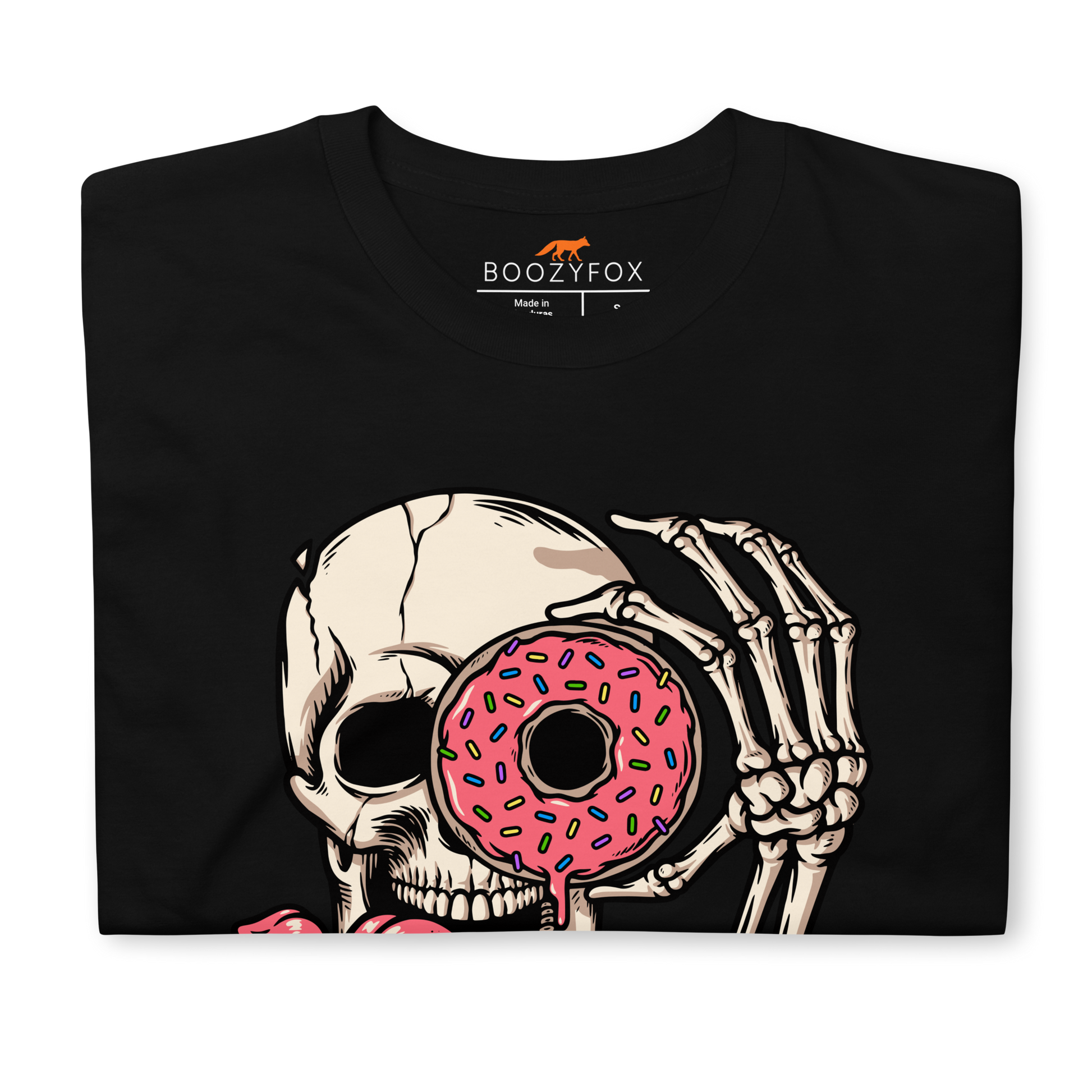 Front details of a Black Donut Worry Be Happy T-Shirt - Boozy Fox