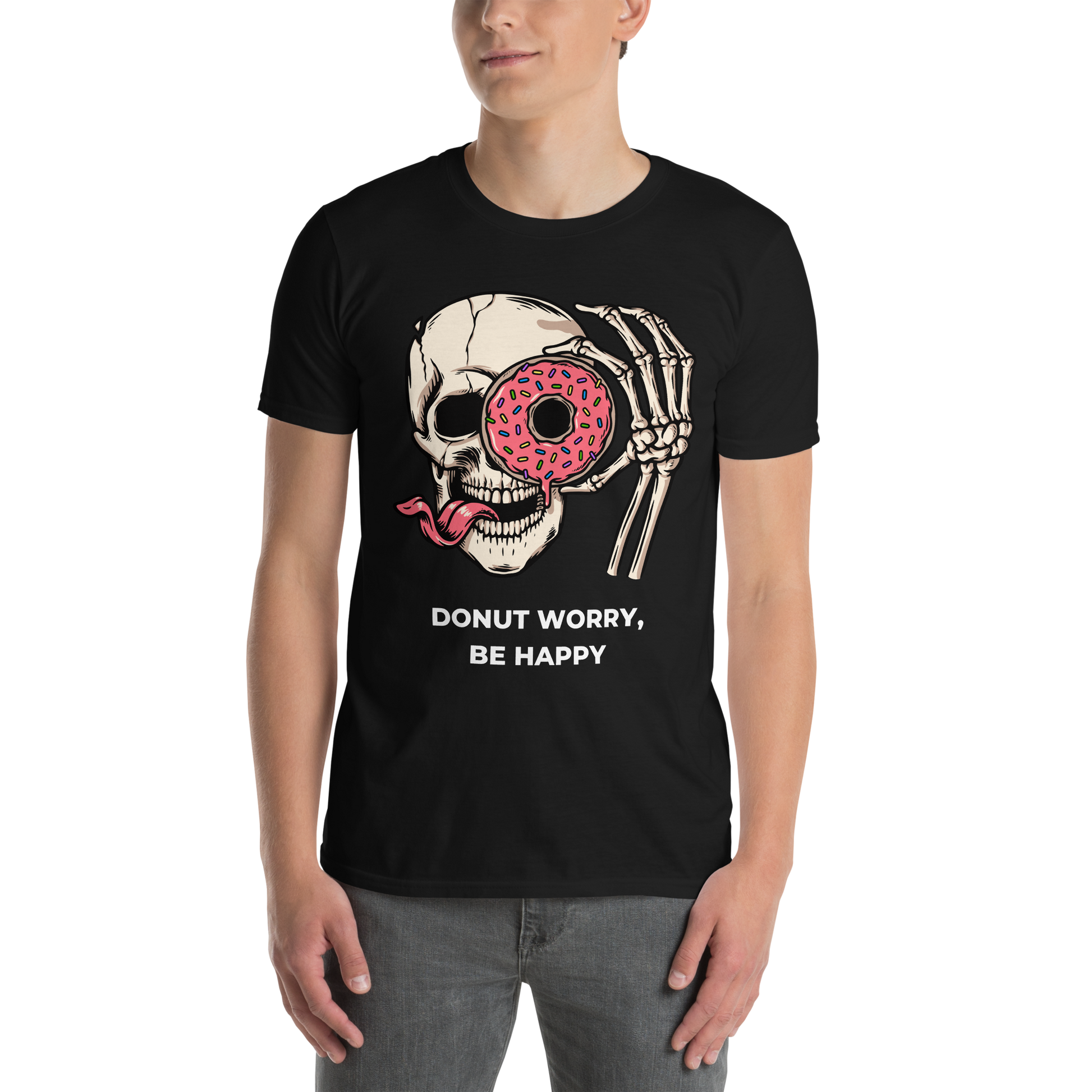 Man wearing a Black Donut Worry Be Happy T-Shirt - Boozy Fox