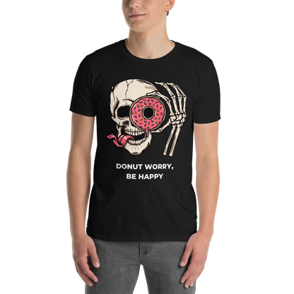 Man wearing a Black Donut Worry Be Happy T-Shirt - Boozy Fox