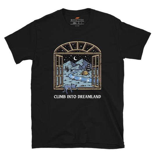 Black Climb Into Dreamland T-Shirt featuring a mesmerizing mountain view graphic on the chest - Cool Graphic Nature T-Shirts - Boozy Fox