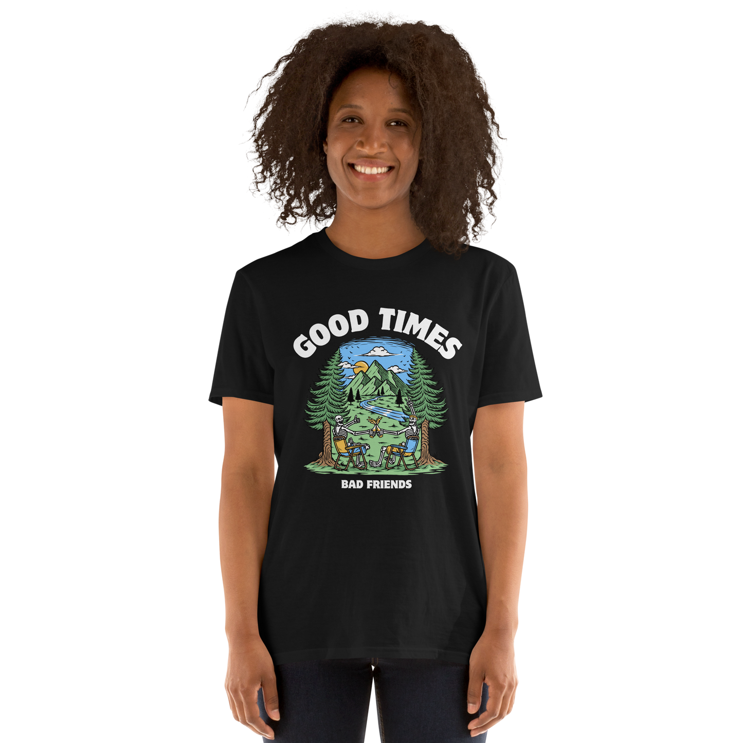 Smiling woman wearing a Black Good Times Bad Friends T-Shirt featuring a lively graphic of friends enjoying a beer in nature - Funny Graphic Nature T-Shirts - Boozy Fox