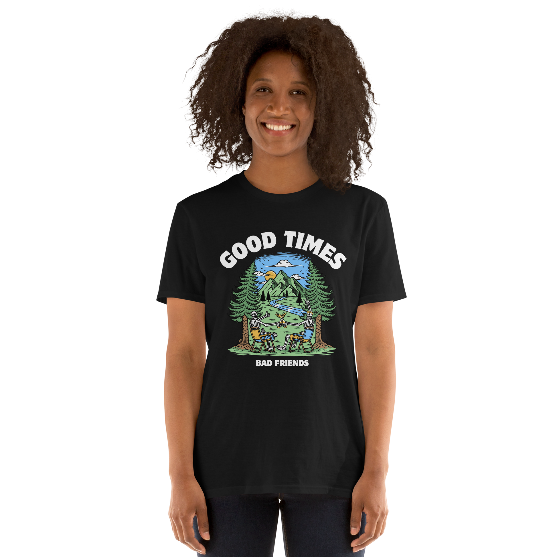 Smiling woman wearing a Black Good Times Bad Friends T-Shirt featuring a lively graphic of friends enjoying a beer in nature - Funny Graphic Nature T-Shirts - Boozy Fox