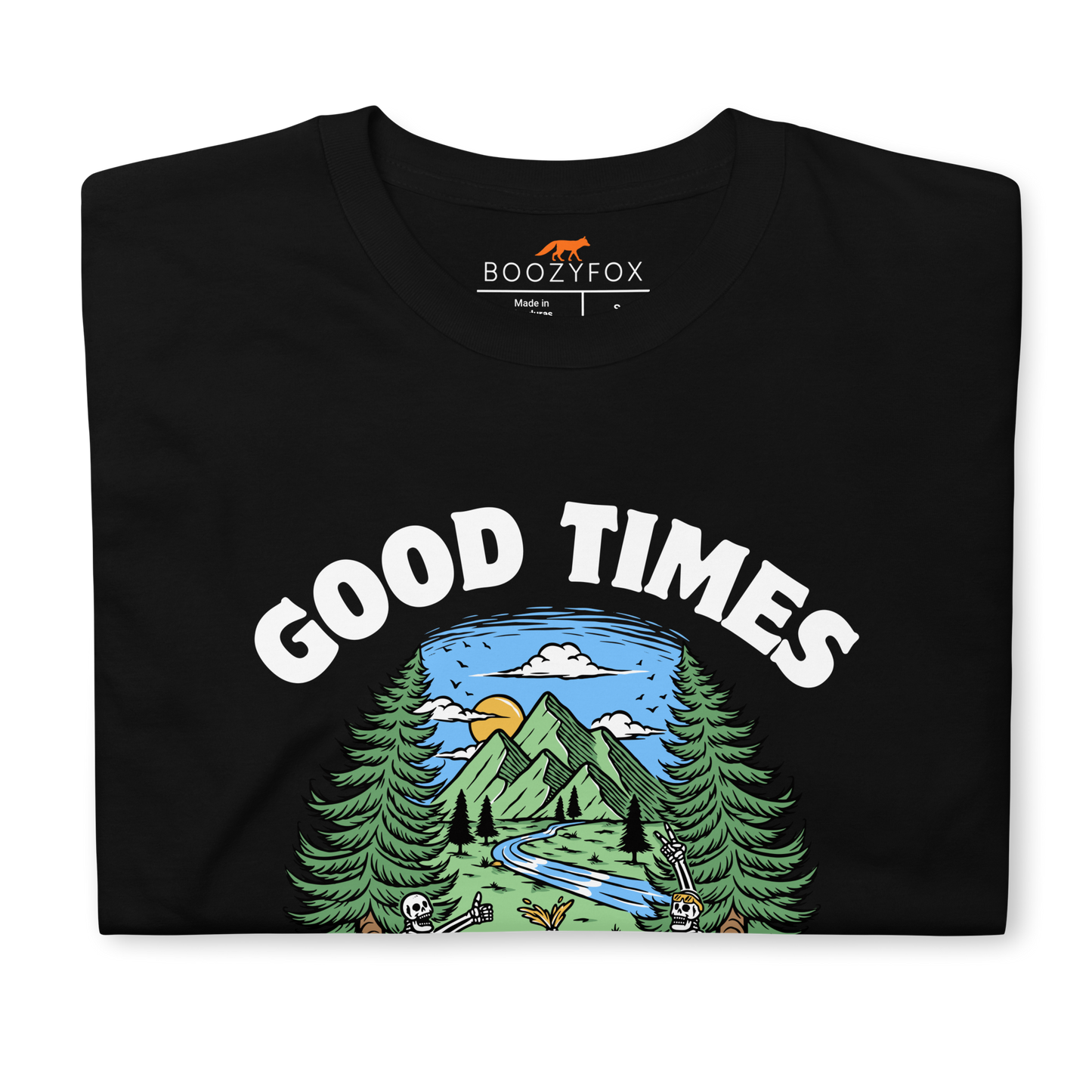 Front details of a Black Good Times Bad Friends T-Shirt featuring a lively graphic of friends enjoying a beer in nature - Funny Graphic Nature T-Shirts - Boozy Fox