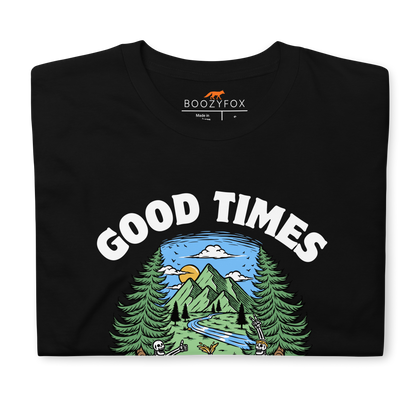 Front details of a Black Good Times Bad Friends T-Shirt featuring a lively graphic of friends enjoying a beer in nature - Funny Graphic Nature T-Shirts - Boozy Fox