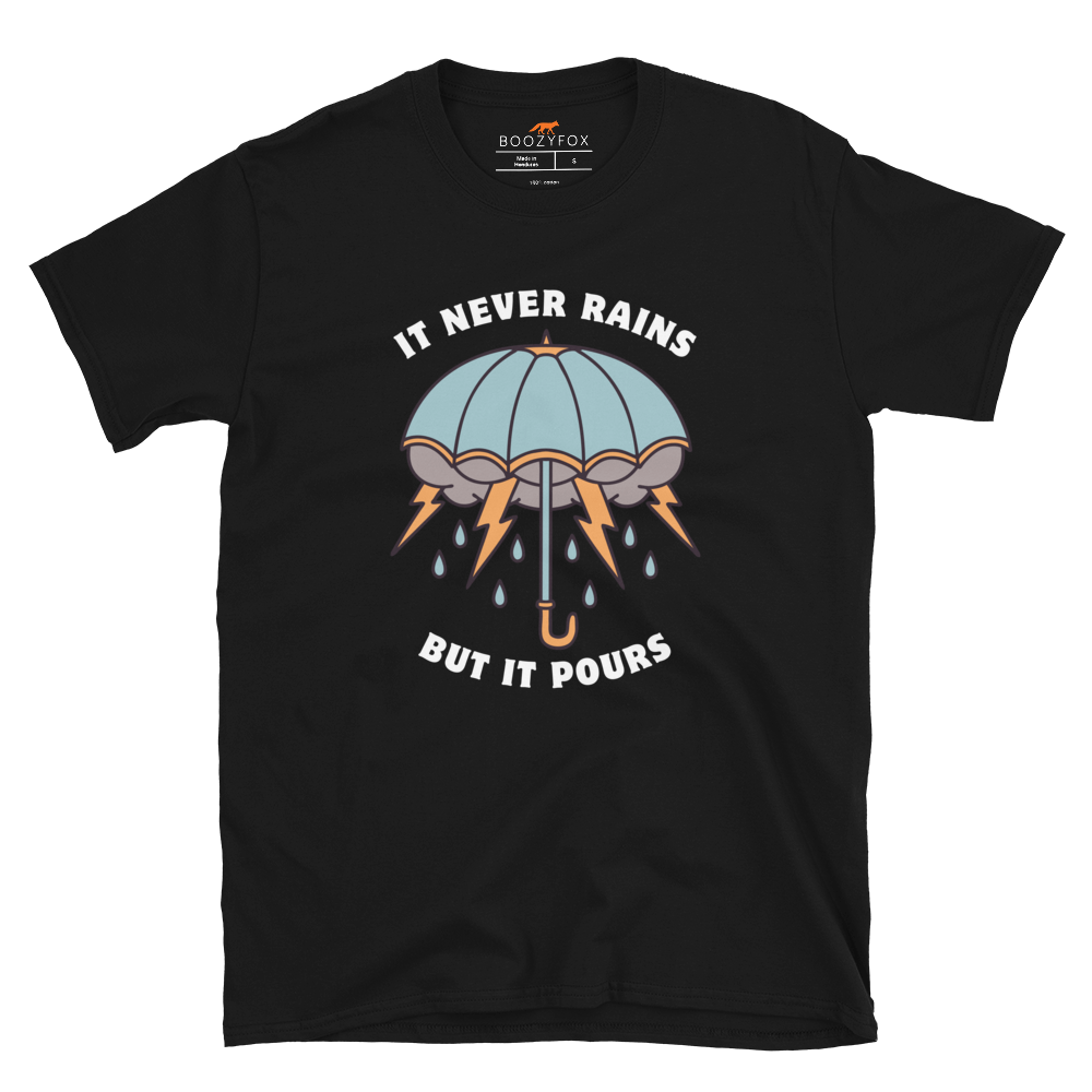 Black Umbrella T-Shirt featuring a unique It Never Rains But It Pours graphic on the chest - Cool Tattoo-Inspired Graphic Umbrella T-Shirts - Boozy Fox