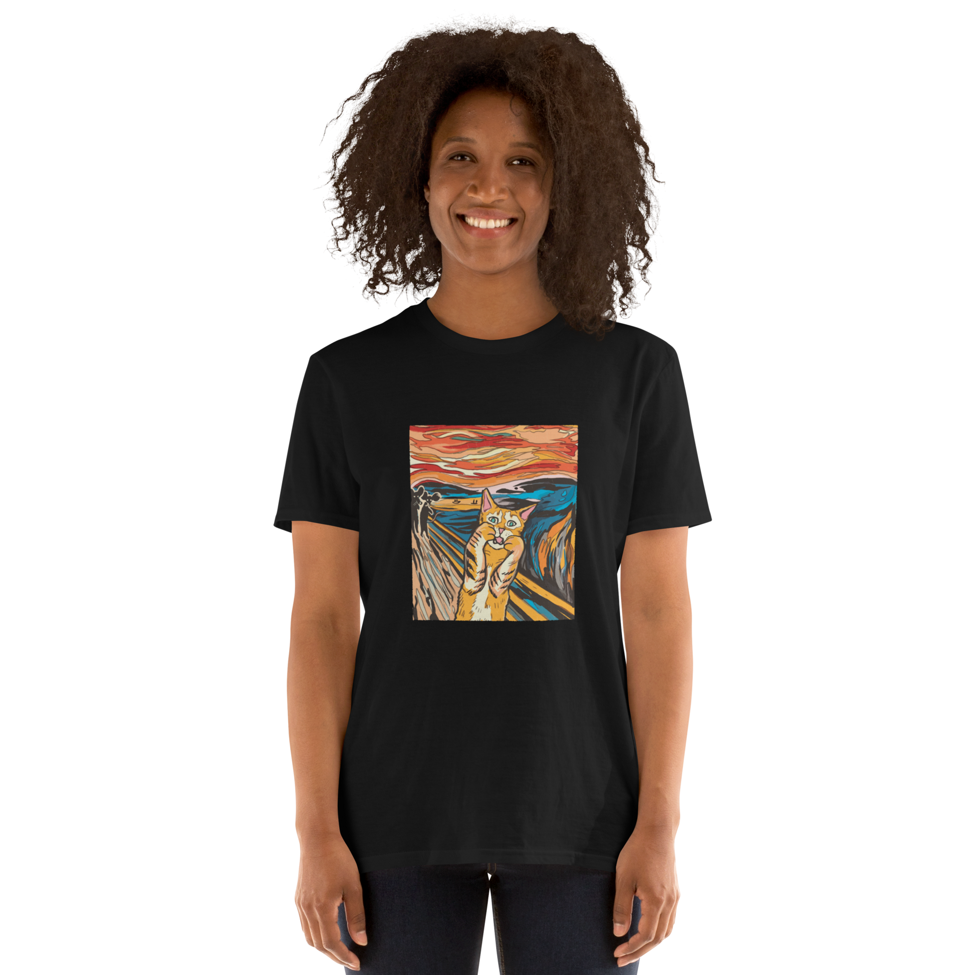 Smiling woman wearing a Black Screaming Cat T-Shirt showcasing iconic The Screaming Cat graphic on the chest - Funny Graphic Cat T-Shirts - Boozy Fox